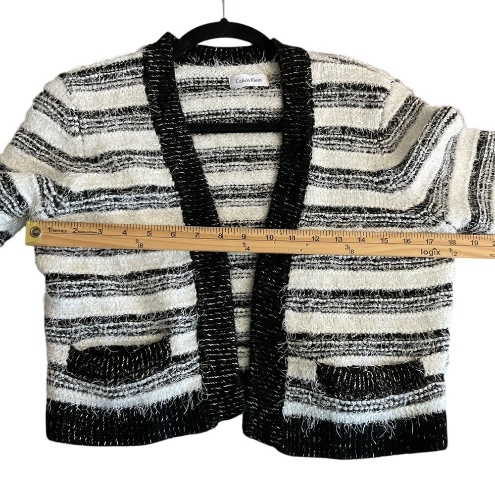 Calvin Klein Black & White Bouclé Striped Open Front Cardigan Sweater – Size S - Picture 5 of 8